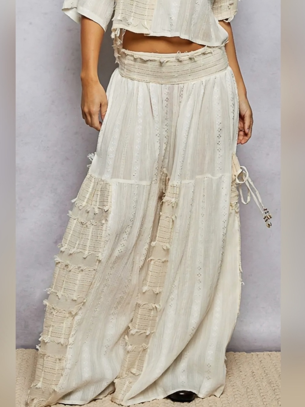 New: POL Boho Embroidered Floral Textured Woven Beaded Detail Wide Leg Pants• M
